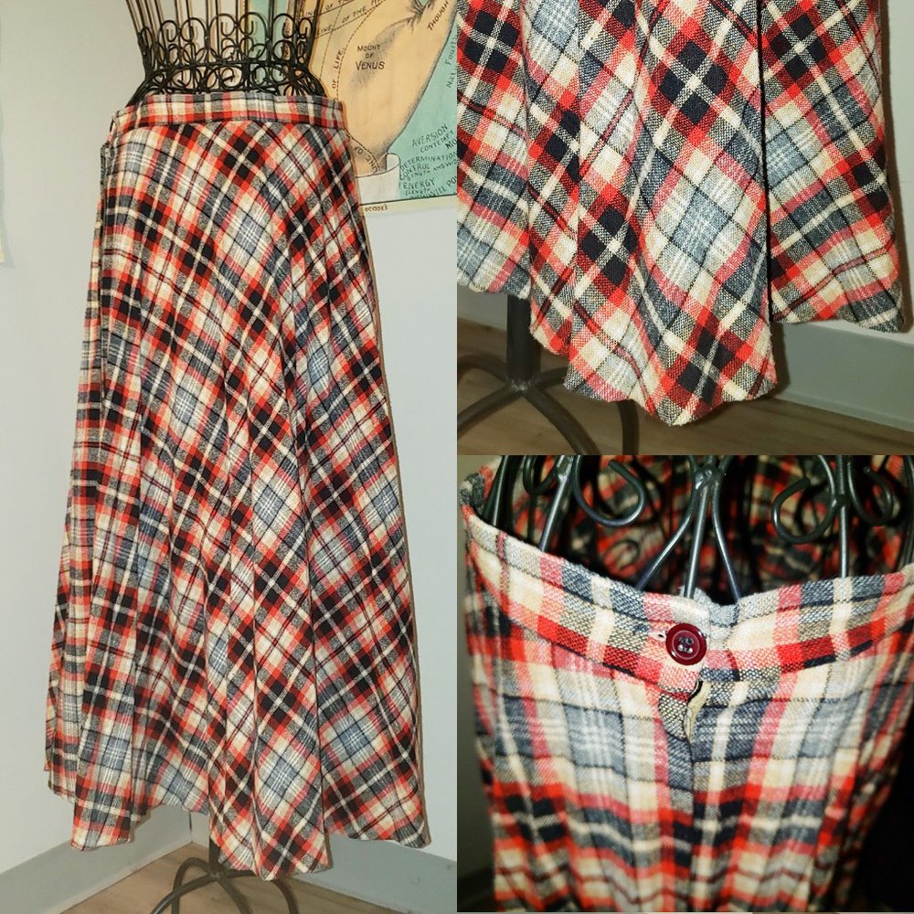 Vintage 1960's Wool Pleated Plaid A-Line Skirt Red, Black, Off-white, MOD